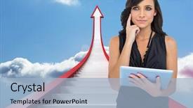  Presentation with brown - PPT theme consisting of upward arrows - thoughtful elegant brown haired model background and a light blue colored foreground