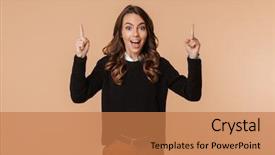  Presentation with microwave imaging image of modern - Theme with upwards - image of excited woman 20s background and a  colored foreground