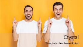  Presentation with friends - Slide set consisting of upwards - image of two beautiful men background and a yellow colored foreground