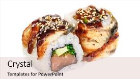  Presentation with philadelphia - Cool new PPT theme with uramaki maki sushi two rolls isolated on white eeel with philadelphia avocado sesame and green tobico backdrop and a soft green colored foreground