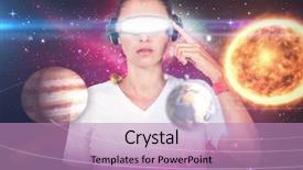  Presentation with solar system - Presentation design having uranus - beautiful woman with virtual video background and a coral colored foreground