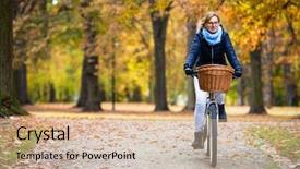  Presentation with man riding big bike motor - Slide deck consisting of urban biking - woman riding bike background and a soft green colored foreground