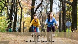  Presentation with biking - Beautiful slide deck featuring urban biking - girl and boy riding bikes in city park backdrop and a coral colored foreground