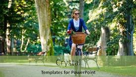 Presentation with urban - PPT theme featuring urban biking - woman and bike in city park background and a mint green colored foreground