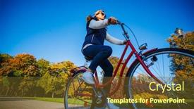  Presentation with urban - Colorful presentation theme enhanced with urban biking - woman riding bike in city park backdrop and a tawny brown colored foreground