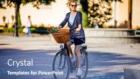  Presentation with man riding big bike motor - Audience pleasing presentation design consisting of urban-biking-woman-riding-bike backdrop and a ocean colored foreground