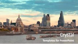  Presentation with urban buildings - Slide deck enhanced with urban buildings over thames river background and a gray colored foreground