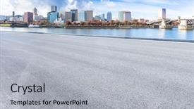  Presentation with asphalt road - Presentation theme enhanced with urban city - empty asphalt road with cityscape background and a light gray colored foreground