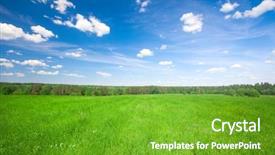  Presentation with urban green - Theme with urban farming - green field under blue cloudy background and a tawny brown colored foreground