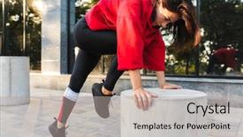  Presentation with exercise kids kid doing fitness - Beautiful slides featuring urban health program - confident fit sportswoman doing exercises backdrop and a light gray colored foreground