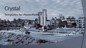  Presentation with urban buildings - Beautiful presentation theme featuring urban landscape - buildings near the park backdrop and a light blue colored foreground