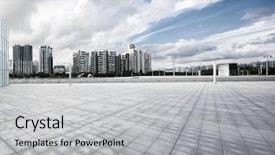  Presentation with square - Slide set having urban landscape - empty modern square and skyscrapers background and a light gray colored foreground