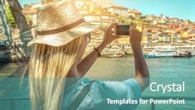  Presentation with tourist - Amazing slide set having urban landscape - happy blonde woman - tourist backdrop and a teal colored foreground