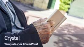  Presentation with old man - Slides consisting of urban legend - closeup of an old caucasian background and a wine colored foreground