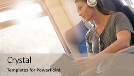  Presentation with train - Presentation having urban life communication - young woman travelling by train background and a mint green colored foreground