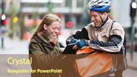  Presentation with courier delivery - Slide set featuring urban lifestyle - courier delivery man with backpack background and a tawny brown colored foreground