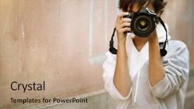  Presentation with professional - Presentation theme featuring urban lifestyle - female photographer with professional slr background and a coral colored foreground