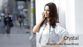  Presentation with cell - Theme enhanced with urban lifestyle - young beautiful woman talking background and a  colored foreground