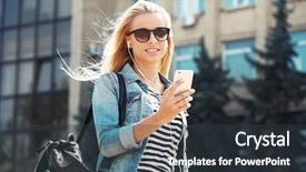  Presentation with sad woman walking - Amazing slides having urban lifestyle - young woman listening to music backdrop and a tawny brown colored foreground