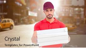  Presentation with pizza delivery - PPT theme enhanced with urban living fresh - delivery man with pizza boxes background and a lemonade colored foreground