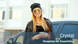  Presentation with barbie girl - Colorful presentation enhanced with urban mobility - beautiful young girl posing near backdrop and a ocean colored foreground