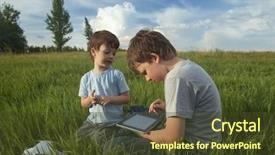  Presentation with outdoors - Colorful presentation design enhanced with urban mobility - boy with tablet pc outdoors backdrop and a  colored foreground