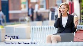  Presentation with coffee - PPT theme featuring urban mobility - businesswoman on park bench background and a sky blue colored foreground