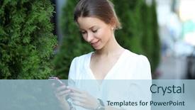  Presentation with phone - Cool new slide deck with urban mobility - portrait of young woman talking backdrop and a light blue colored foreground