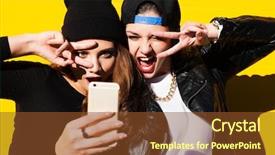  Presentation with hipster girl playing tetris game - Colorful slide set enhanced with urban mobility - two teenage girls friends backdrop and a tawny brown colored foreground