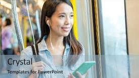  Presentation with urban train - Slide set with urban mobility - woman listen to music background and a light blue colored foreground