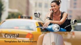  Presentation with urban - Presentation with urban mobility - young happy woman using mobile background and a gold colored foreground
