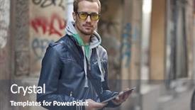  Presentation with public - Colorful presentation theme enhanced with urban mobility - young man with yellow glasses backdrop and a ocean colored foreground