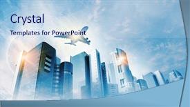  Presentation with business travel - Presentation design enhanced with urban planing - plane flying above skyscrapers business background and a sky blue colored foreground