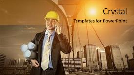  Presentation with speaking - Audience pleasing theme consisting of urban planning - architect in protective helmet speaking backdrop and a  colored foreground