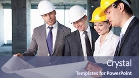  Presentation with site planning - Slides having urban planning - business people at a construction background and a ocean colored foreground