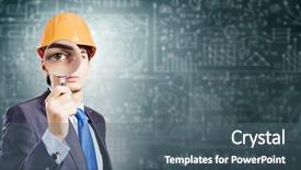  Presentation with mechanical engineering engineer tools - Presentation theme with urban planning - young man engineer with magnifier background and a ocean colored foreground