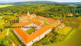  Presentation with example - Cool new presentation theme with urban renovation - aerial view of benedictine monastery backdrop and a gold colored foreground