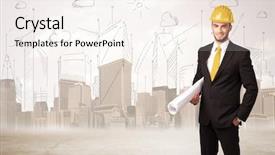  Presentation with renovation - Cool new PPT layouts with urban renovation - business engineer planing at construction backdrop and a sky blue colored foreground