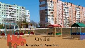 Presentation with play children - Beautiful slide set featuring urban-residential-infrastructure-without-people backdrop and a coral colored foreground