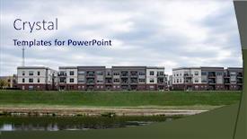  Presentation with complex - Presentation design enhanced with urban riverside luxury apartment complex background and a sky blue colored foreground
