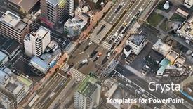  Presentation with road intersection - Presentation design enhanced with urban road intersection from above with passing cars aerial view background and a gray colored foreground