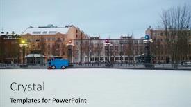  Presentation with rink - Audience pleasing presentation theme consisting of urban scene with skating-rink machine some trees and houses on winter day backdrop and a sky blue colored foreground