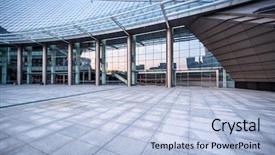  Presentation with square - Slide set featuring urban space - empty modern square and skyscrapers background and a light blue colored foreground