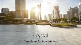  Presentation with square - Slide deck having urban space - modern city square and skyscrapers background and a soft green colored foreground