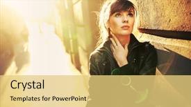  Presentation with beauty - Audience pleasing slides consisting of urban space - portrait of a beauty brunette backdrop and a yellow colored foreground
