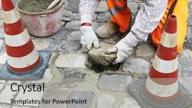  Presentation with road pavement - Slide set consisting of urban stone pavement repairing by road worker background and a light gray colored foreground