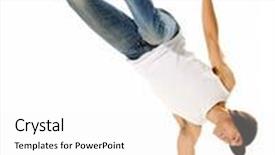  Presentation with done - Cool new slides with urban style street breakdancing handstand grab move done isolated on white in studio backdrop and a white colored foreground