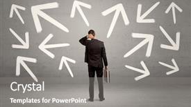  Presentation with businessman standing on maze - Slide deck featuring urban wall full of arrows background and a gray colored foreground