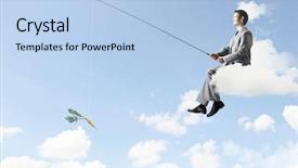  Presentation with cloud - Presentation theme featuring urban water management - businessman sitting on cloud background and a light blue colored foreground