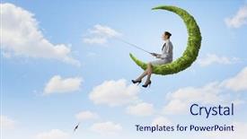  Presentation with renewable energy single green building - Colorful presentation theme enhanced with urban water management - businesswoman fishing with rod backdrop and a sky blue colored foreground